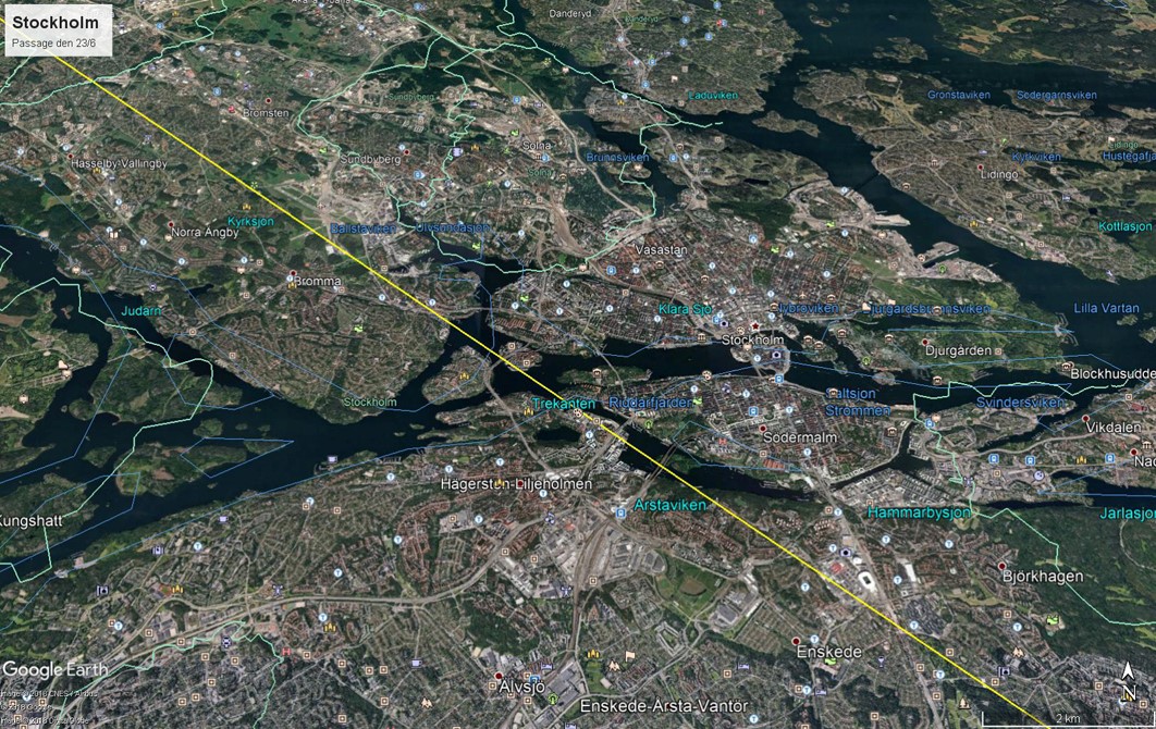 Bild 2. Astrids passage över Stockholm city vid 9-tiden den 23/6. Karta Ulrik Lötberg